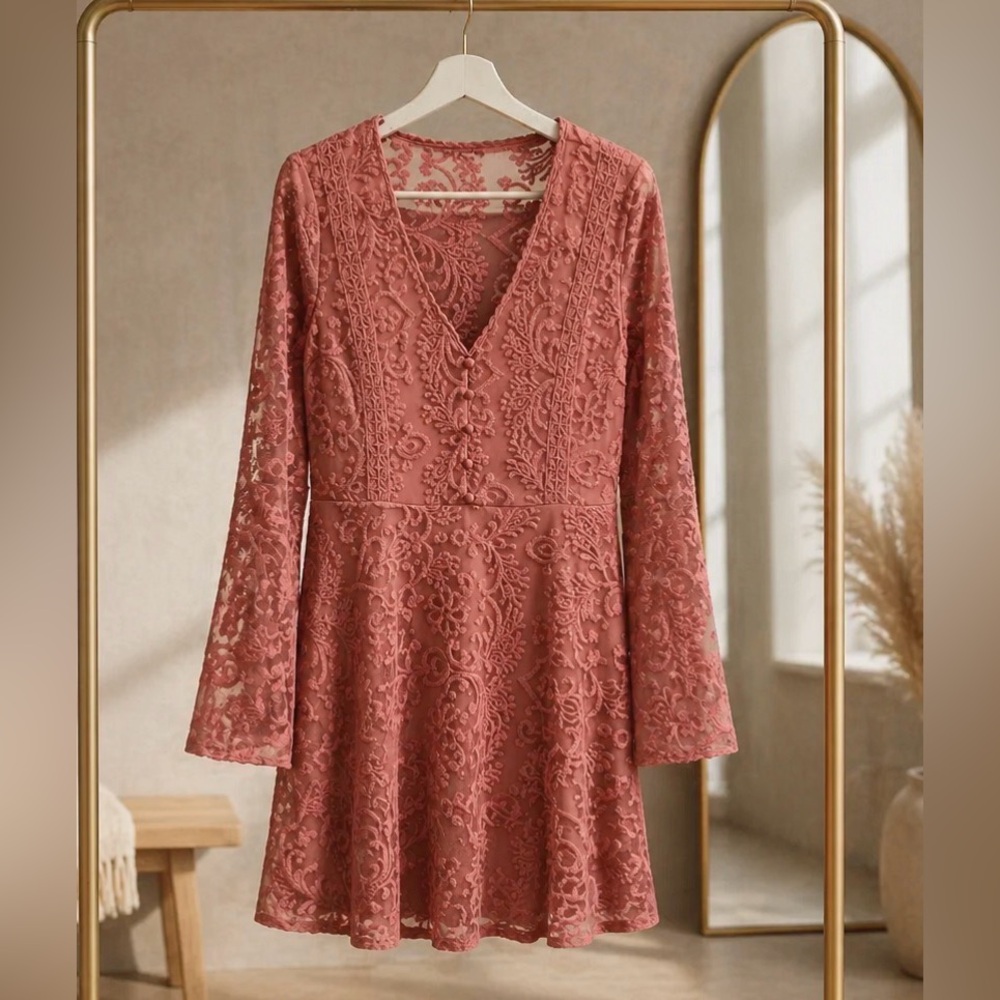 miami Rose Dust Lace Long-Sleeve V-Neck Skater Dress